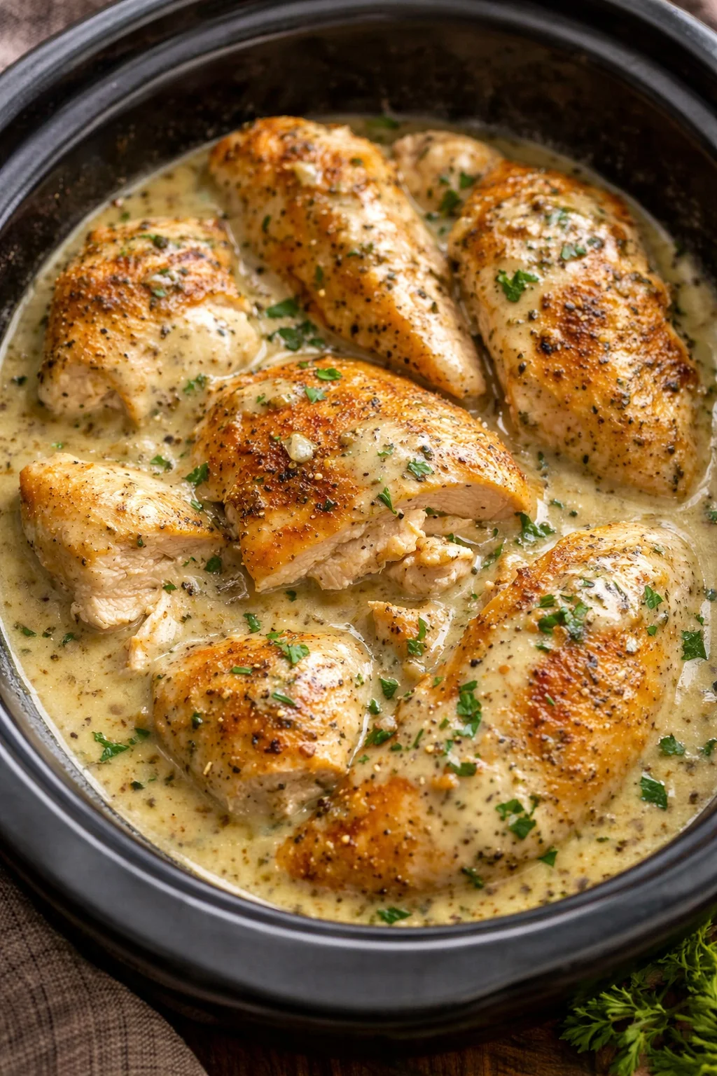 A delicious serving of Ranch Chicken cooked in a crock pot, garnished with herbs.