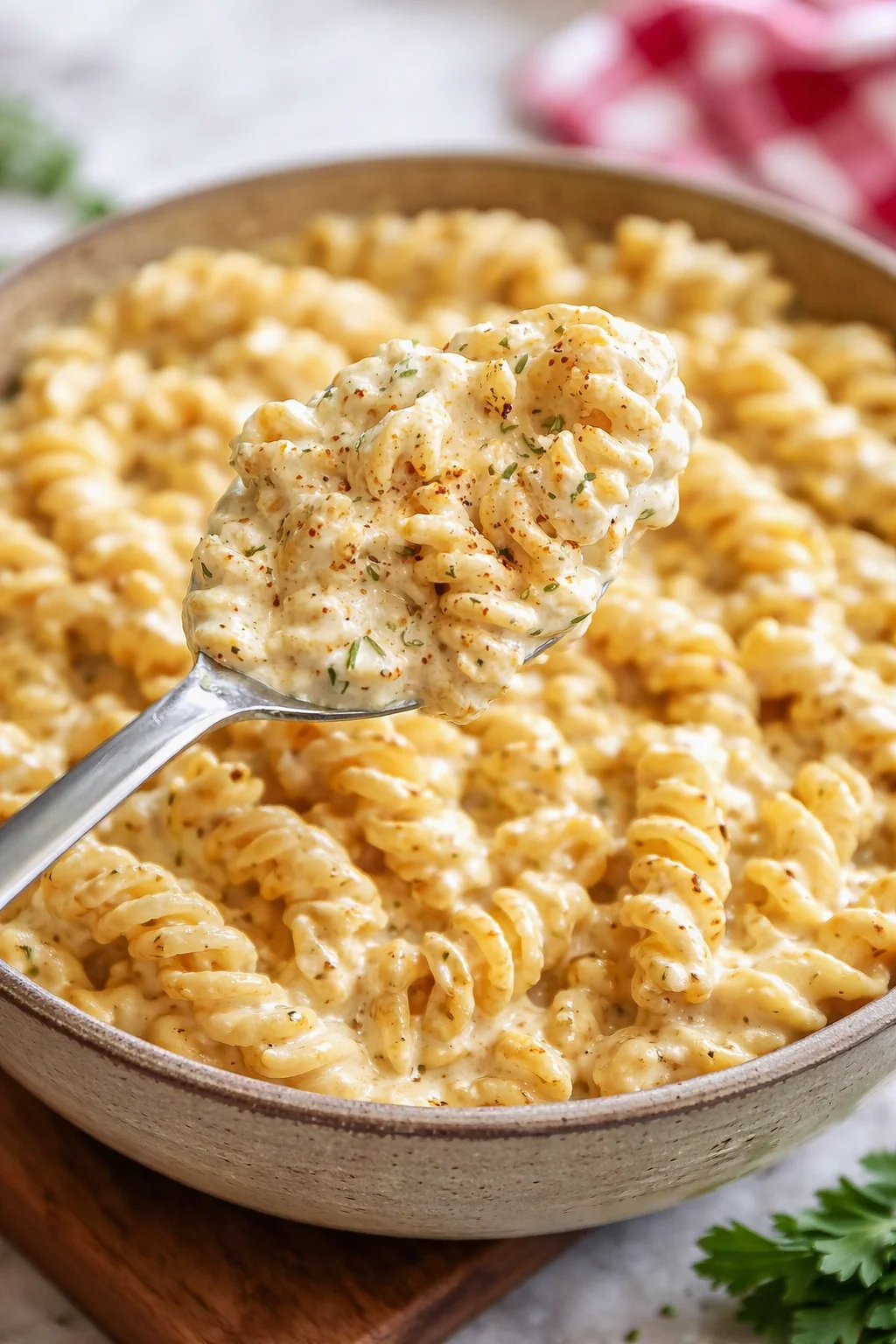 Creamy cottage cheese pasta sauce served over spaghetti for a healthy meal