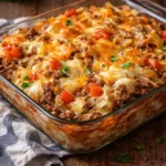 Savory Cabbage Beef Bake with layers of cabbage and seasoned beef in a baking dish