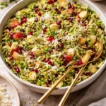 Shaved Brussels sprouts salad topped with lemon dressing on a wooden table.