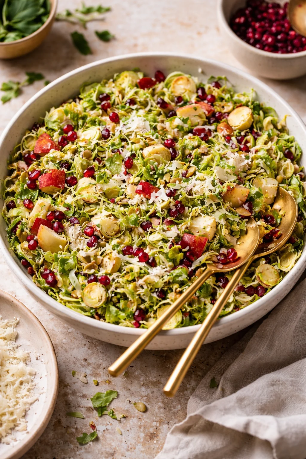 Shaved Brussels sprouts salad topped with lemon dressing on a wooden table.