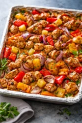 Delicious Sheet Pan Hawaiian Chicken with vibrant vegetables and tropical flavors.