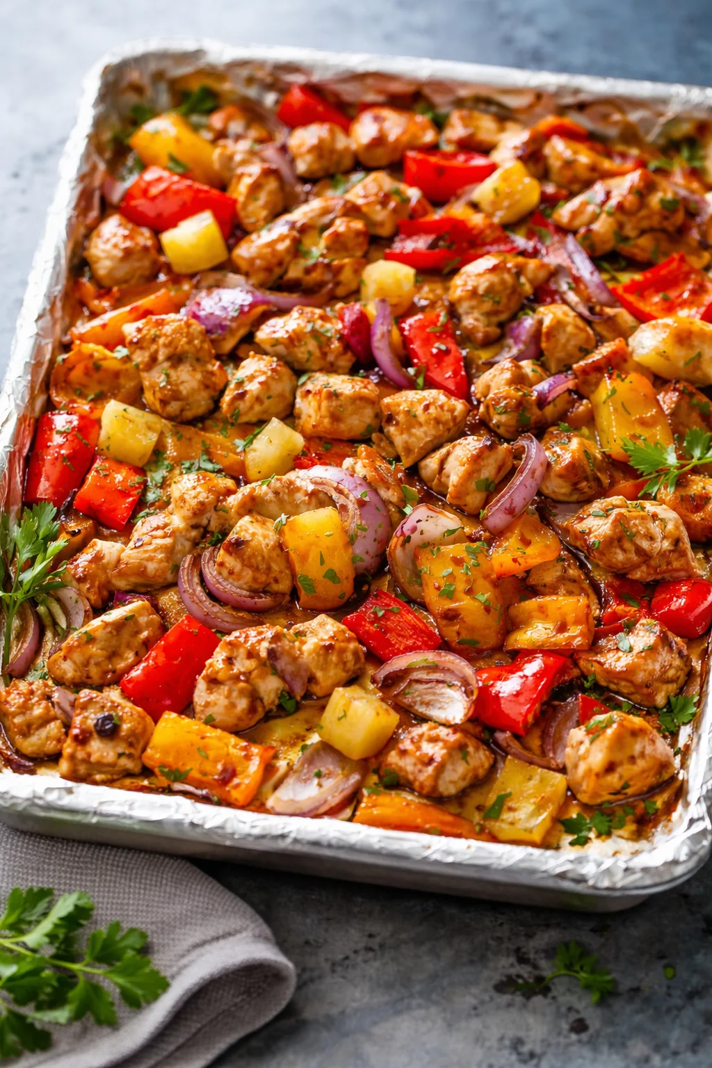 Delicious Sheet Pan Hawaiian Chicken with vibrant vegetables and tropical flavors.
