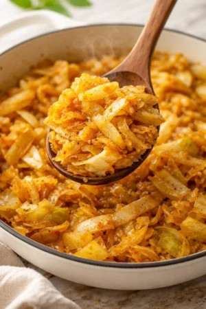 Healthy plate of simple sautéed cabbage garnished with herbs