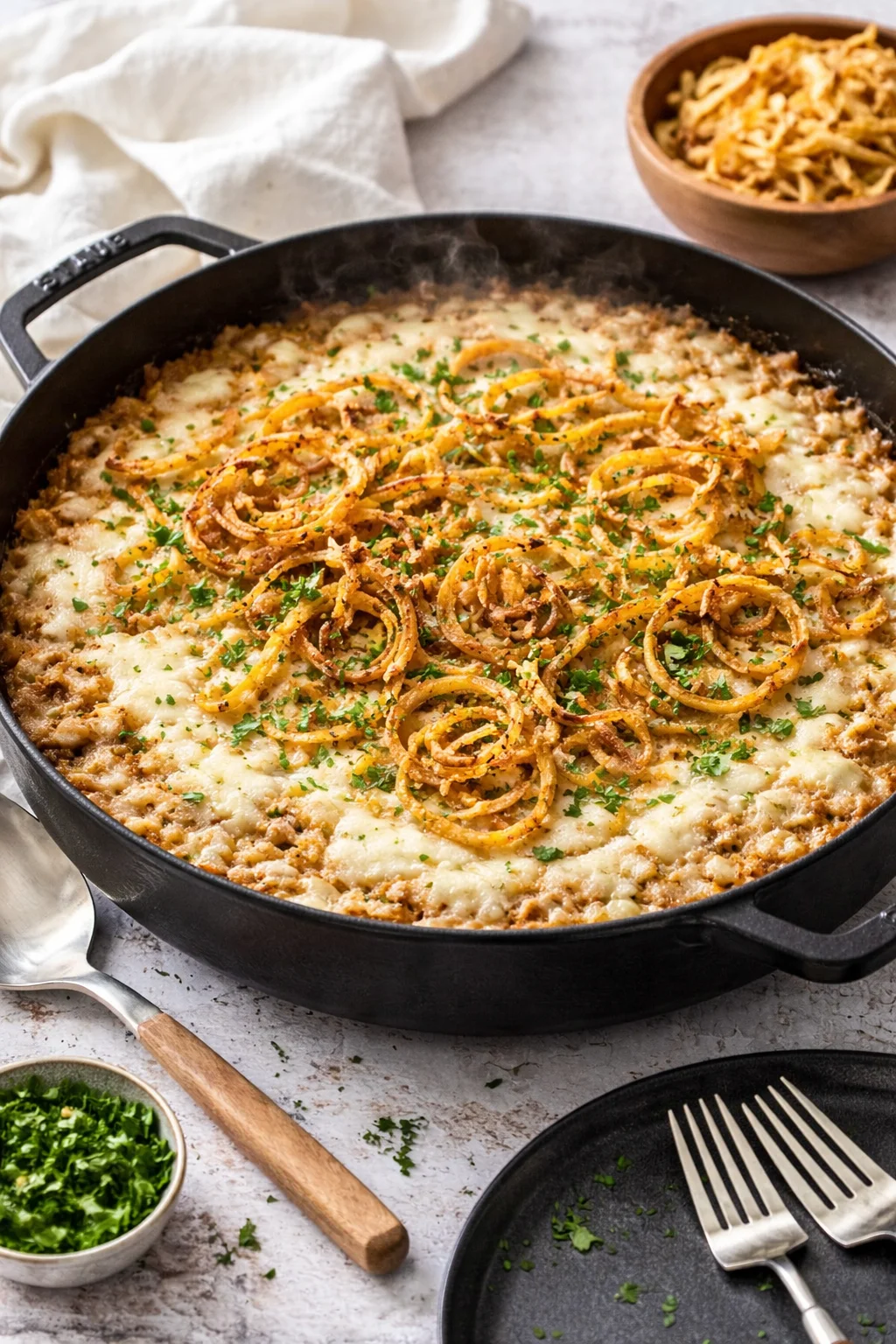 Skillet French Onion Chicken and Rice Casserole, a hearty and flavorful meal