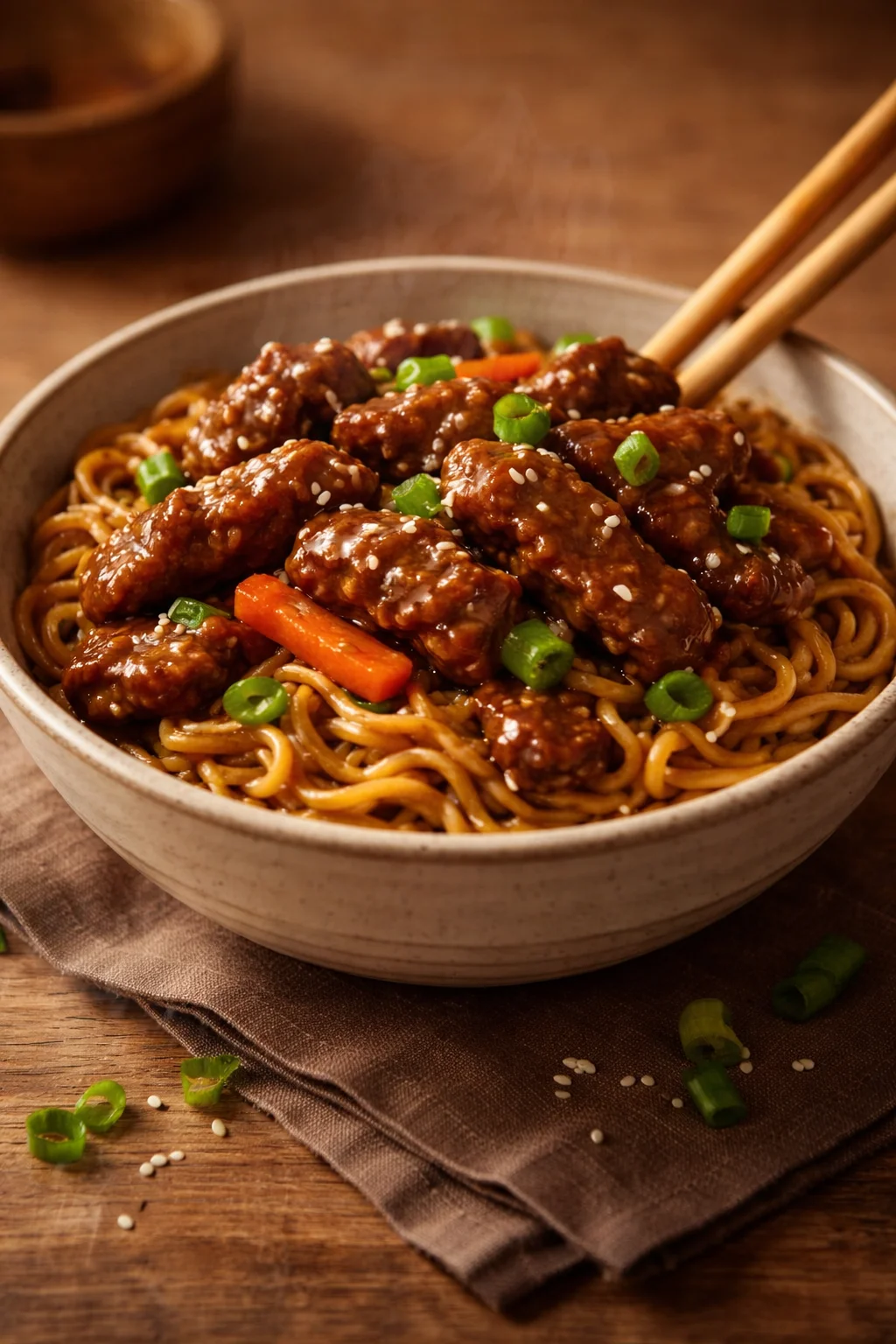Delicious bowl of slow cooker beef ramen noodles topped with green onions and eggs.