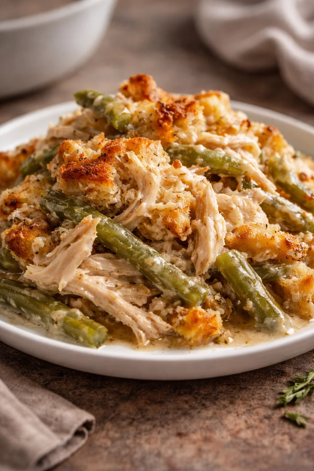 Slow cooker chicken and stuffing dish in a bowl ready to serve.