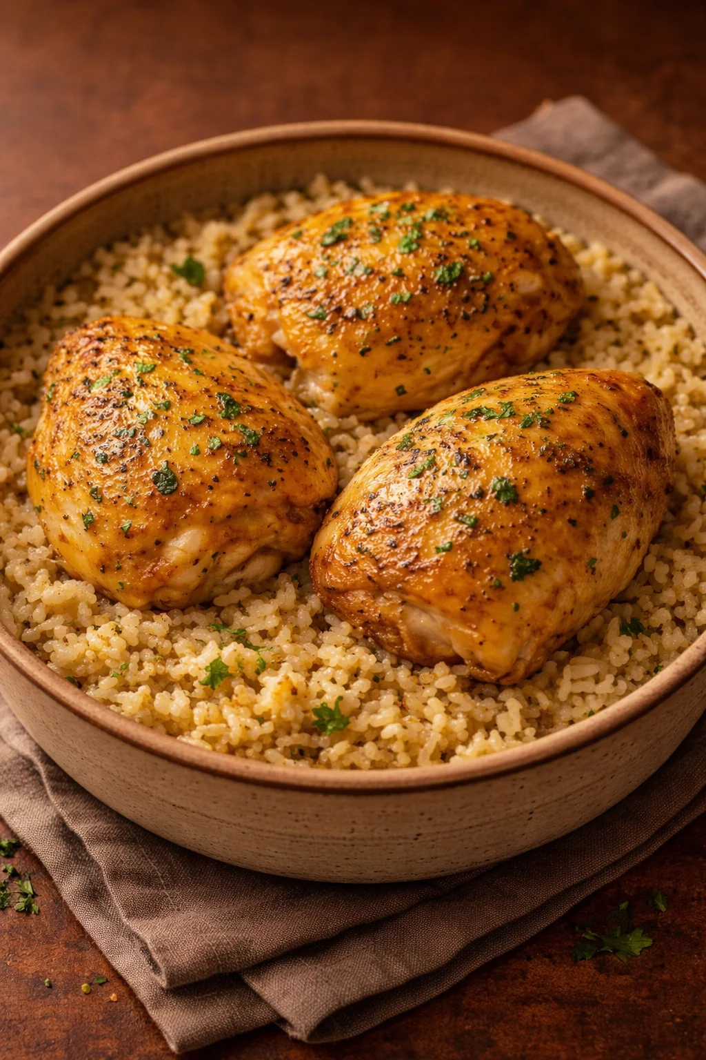 Slow cooker lemon herb chicken served with rice in a bowl