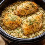 Slow Cooker Lemon Herb Chicken with Rice in a bowl