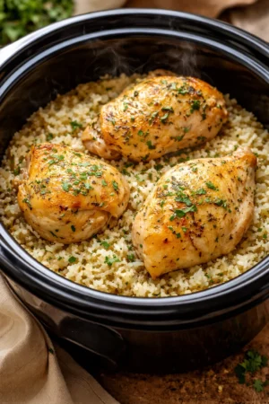 Slow Cooker Lemon Herb Chicken with Rice in a bowl