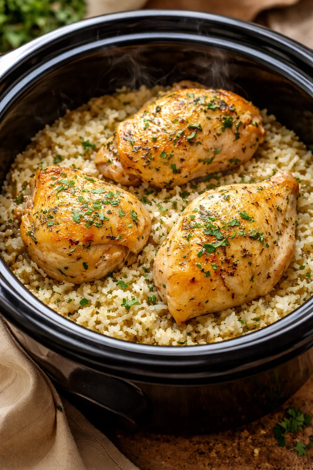 Slow Cooker Lemon Herb Chicken with Rice in a bowl