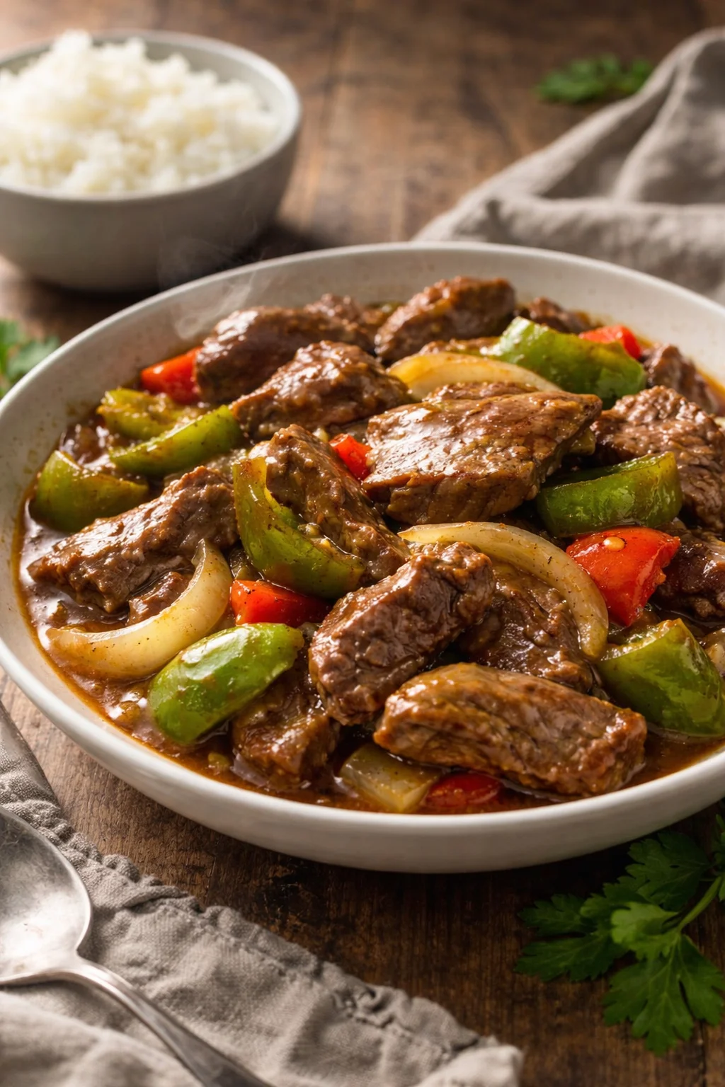 Delicious slow cooker pepper steak served with rice and vegetables.