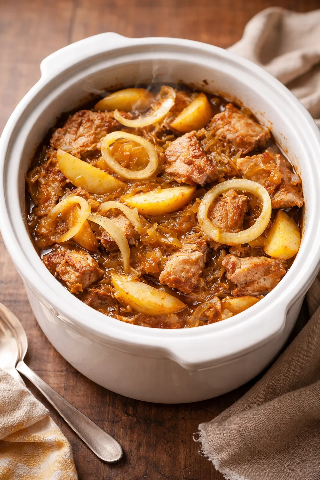 Slow Cooker Pork Loin with Sauerkraut and Apples served on a plate