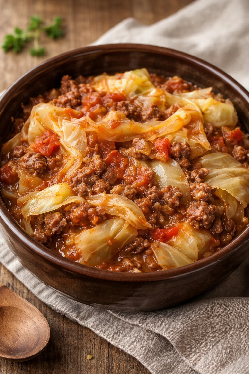 Delicious slow cooker unstuffed cabbage roll served in a bowl