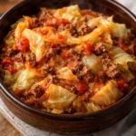 Delicious slow cooker unstuffed cabbage rolls served on a plate