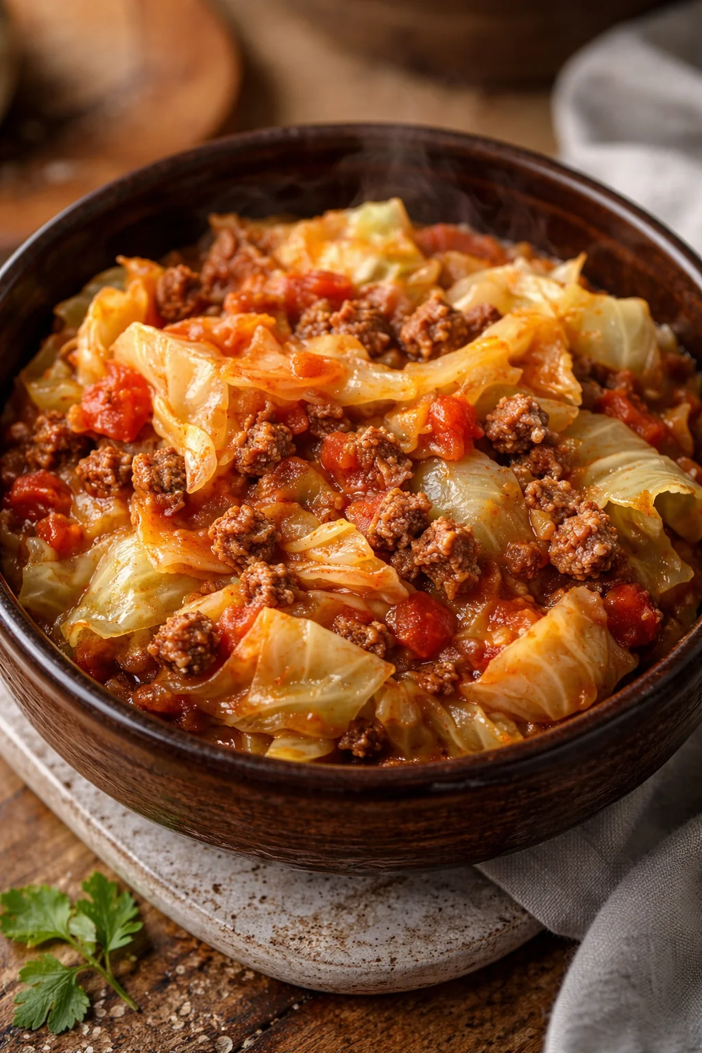 Delicious slow cooker unstuffed cabbage rolls served on a plate