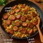 Smoked sausage and cabbage stir-fry served in a colorful bowl
