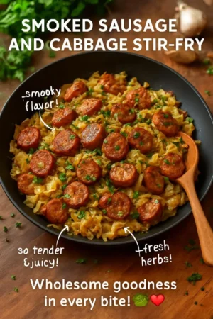 Smoked sausage and cabbage stir-fry served in a colorful bowl