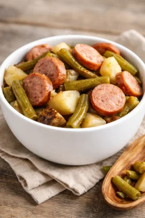 Bowl of Hoosier Stew with smoked sausage, green beans, and potatoes