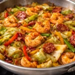Southern Fried Cabbage with Shrimp served in a skillet