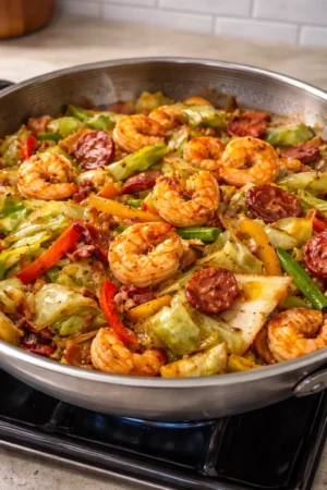 Southern Fried Cabbage with Shrimp served in a skillet