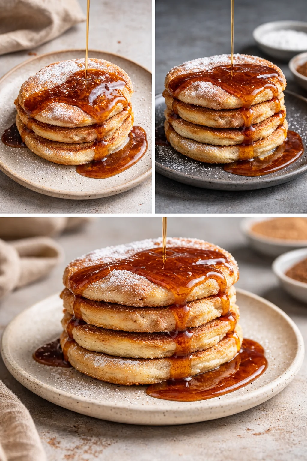 Delicious Spanish churro-inspired pancakes topped with cinnamon and sugar.