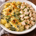 Creamy spinach artichoke au gratin potatoes served in a baking dish