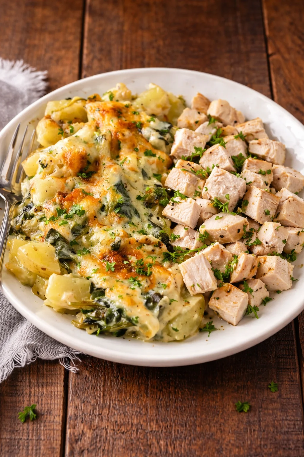 Creamy spinach artichoke au gratin potatoes served in a baking dish