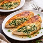 Delicious spinach stuffed chicken breasts on a plate with herbs