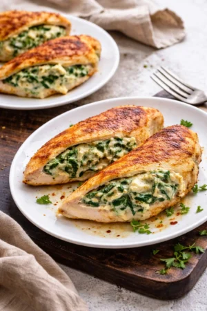 Delicious spinach stuffed chicken breasts on a plate with herbs