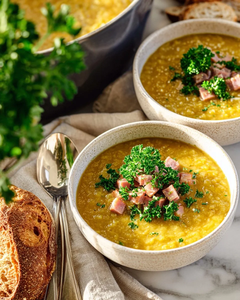 Bowl of split pea and ham soup garnished with herbs