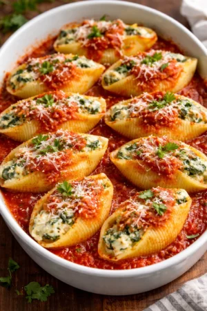 Stuffed pasta shells filled with ricotta and spinach ready to serve.