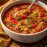 A bowl of homemade stuffed pepper soup with colorful bell peppers and herbs