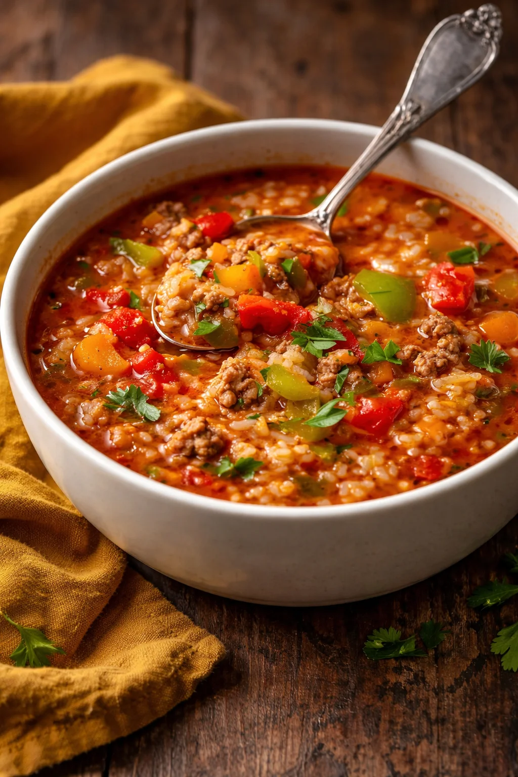 A bowl of homemade stuffed pepper soup with colorful bell peppers and herbs