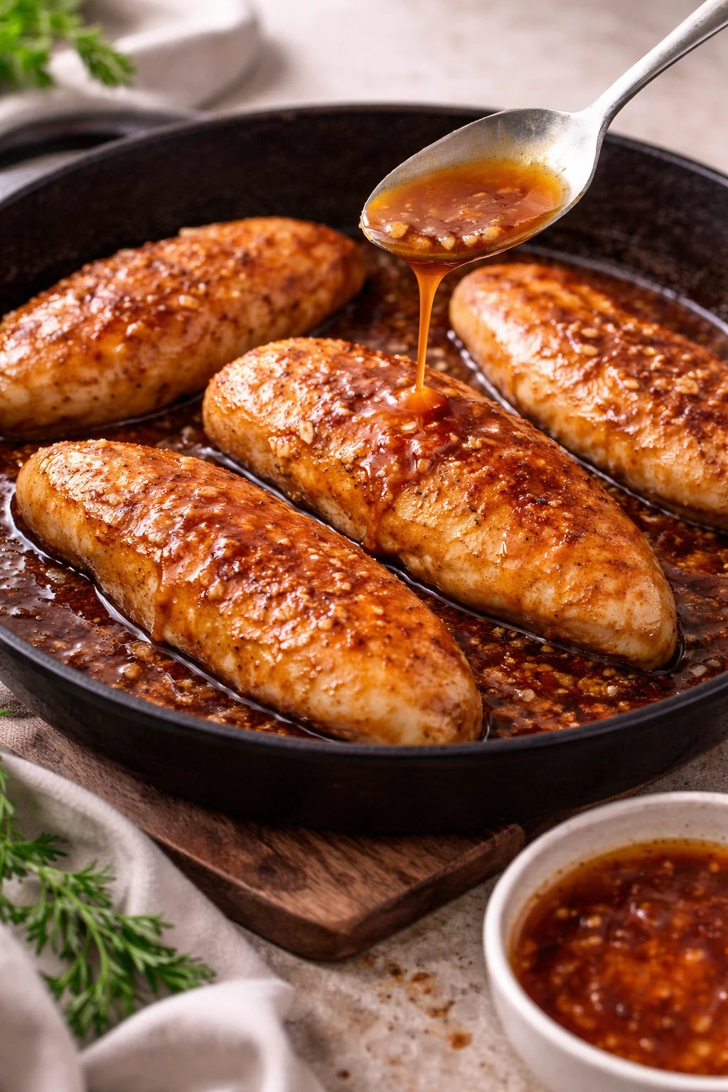 Delicious honey butter chicken garnished with herbs on a plate