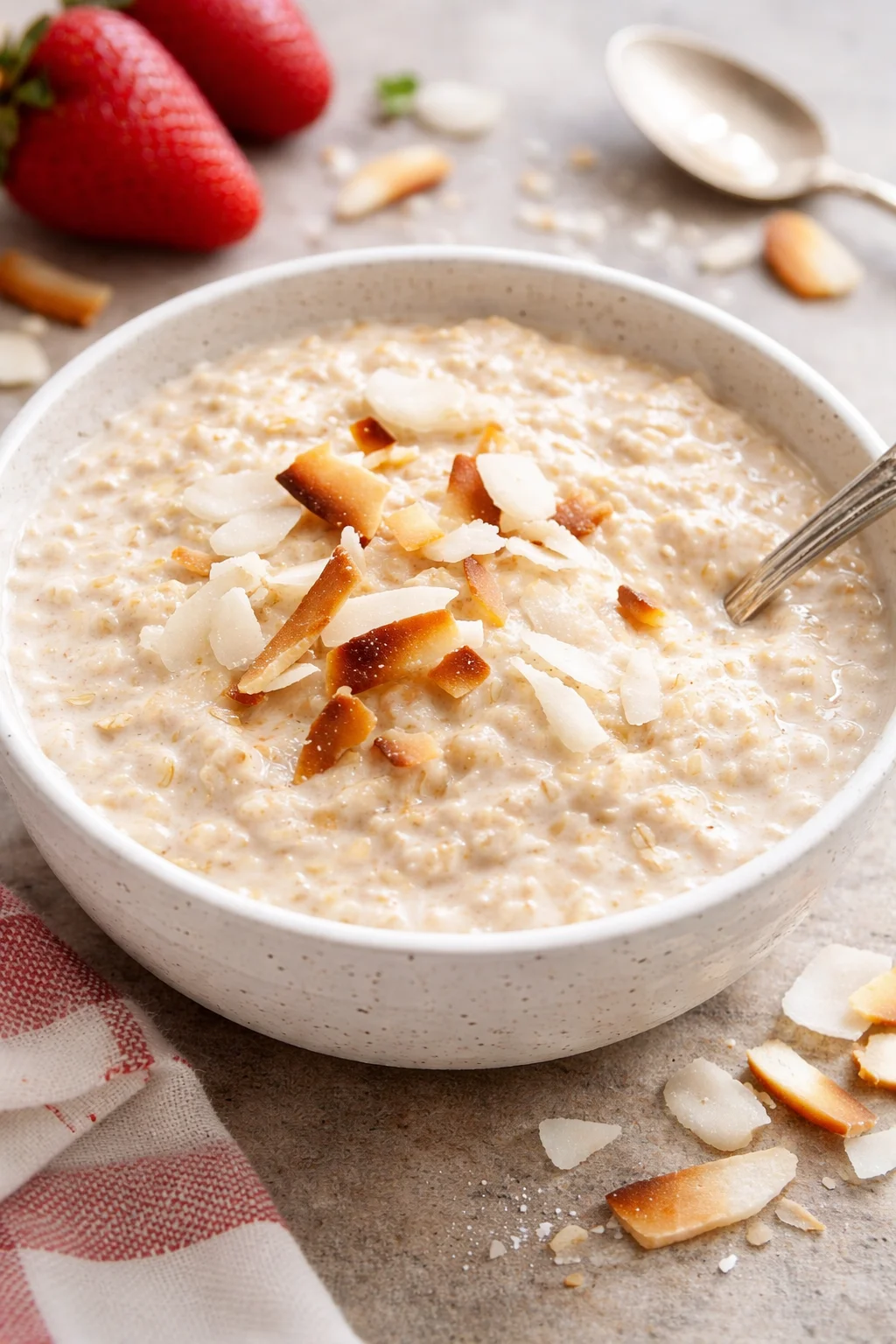 Bowl of tasty coconut cream oats topped with fruits and nuts.
