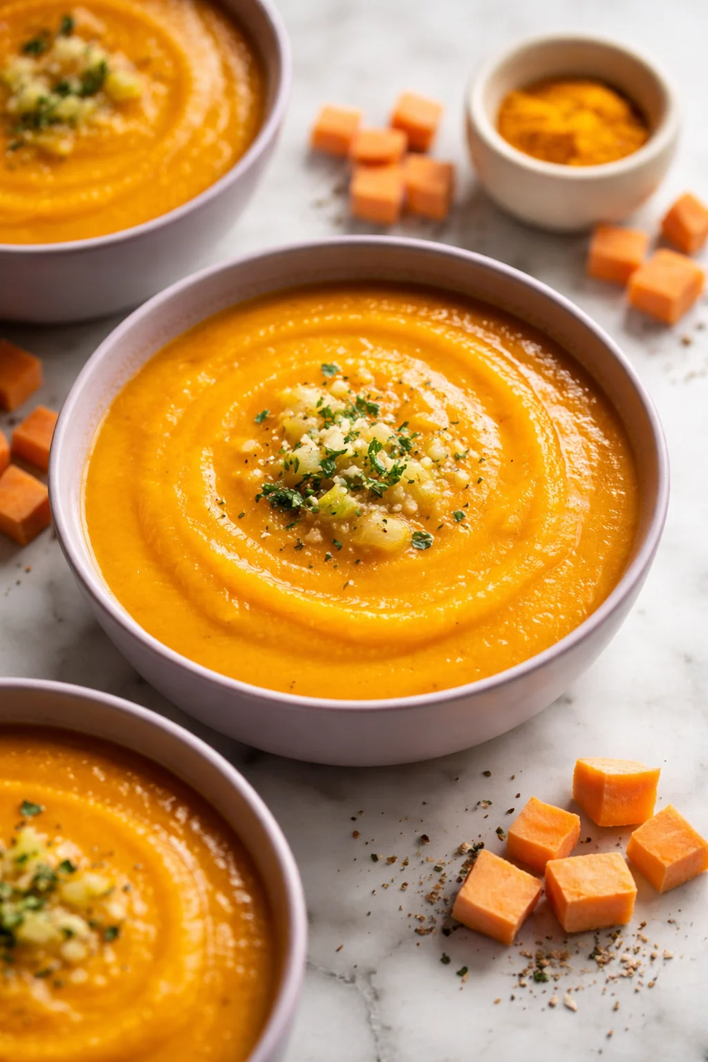 Bowl of tasty roasted sweet potato and leek soup garnished with herbs