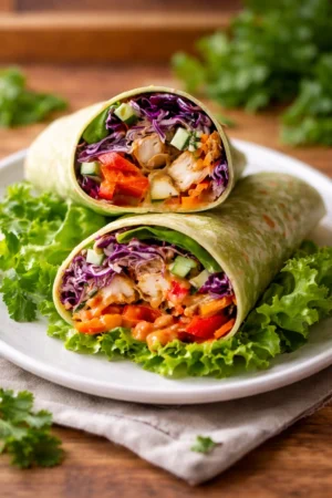Thai Peanut Chicken Wraps with fresh veggies and savory peanut sauce