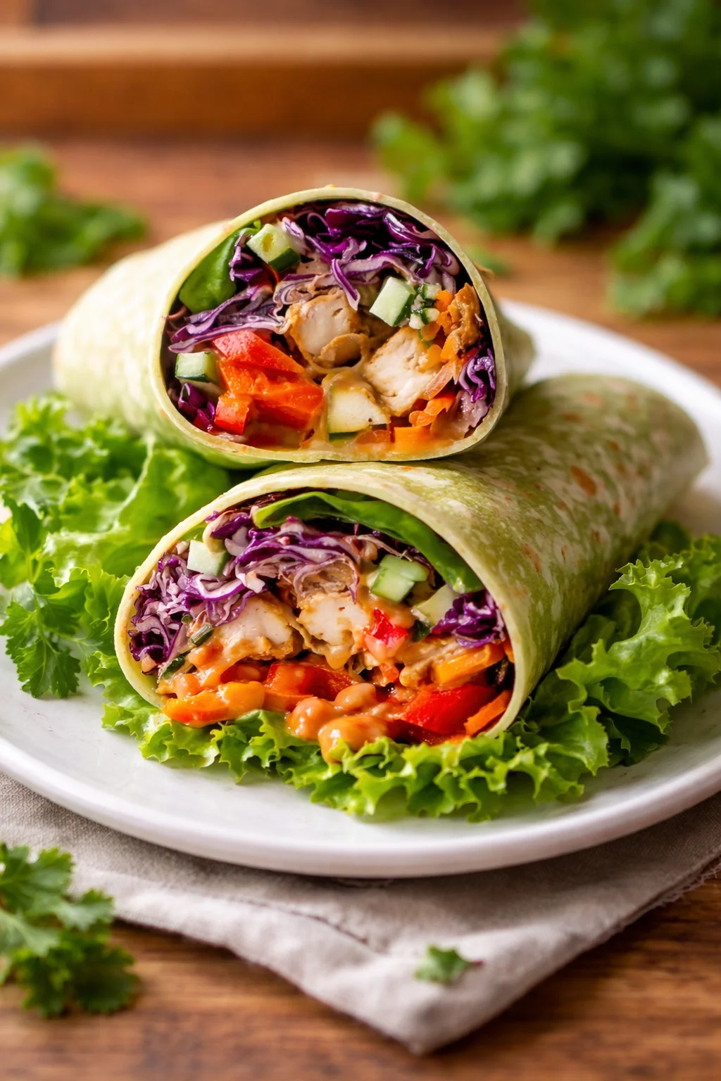Thai Peanut Chicken Wraps with fresh veggies and savory peanut sauce