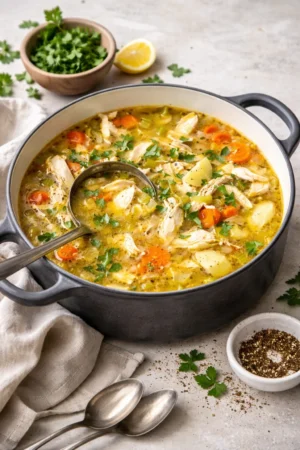 Bowl of ultimate chicken soup with vegetables and herbs