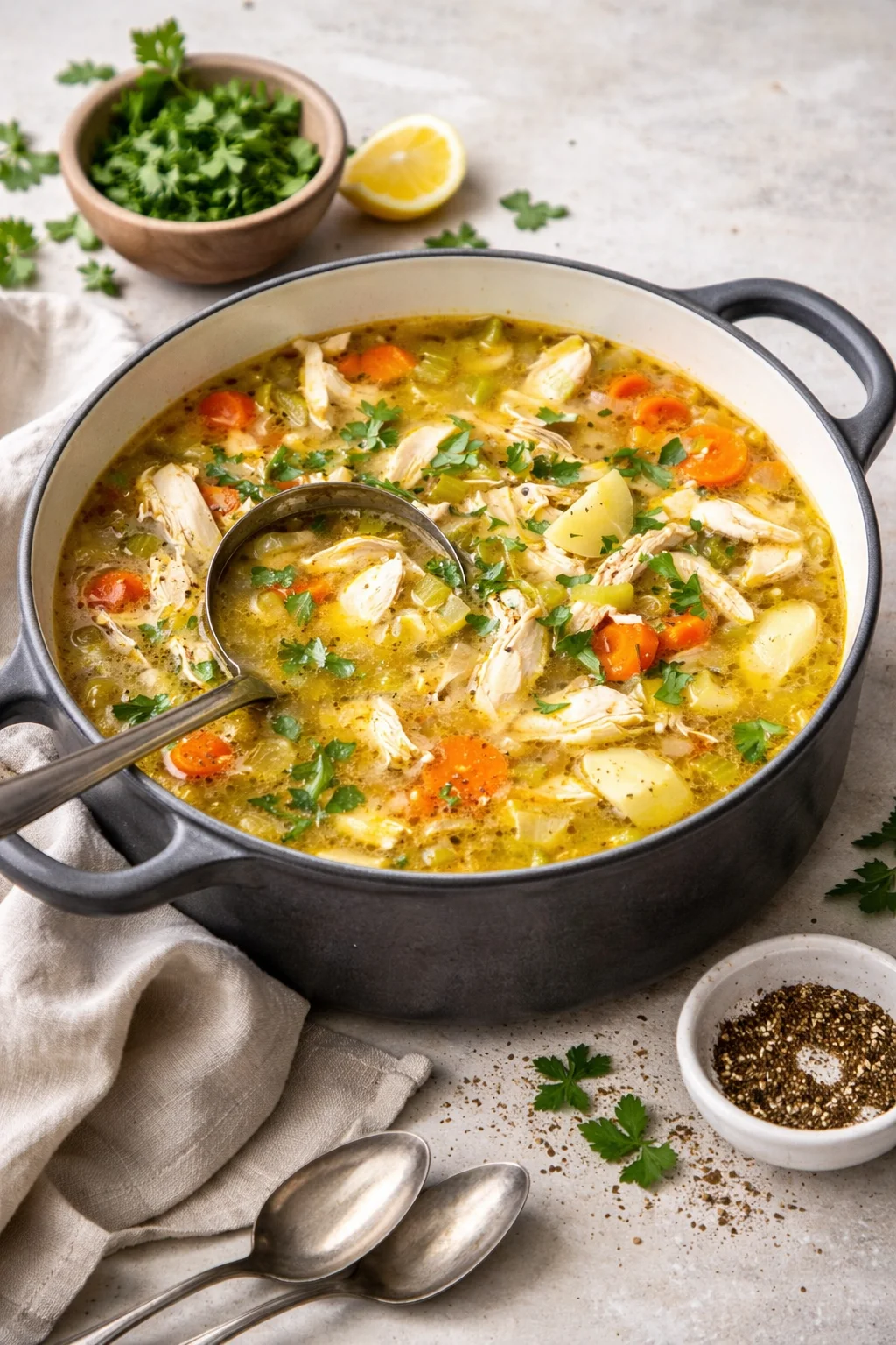 Bowl of ultimate chicken soup with vegetables and herbs