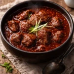 A bowl of ultimate Texas Red Chili topped with cheese and cilantro.