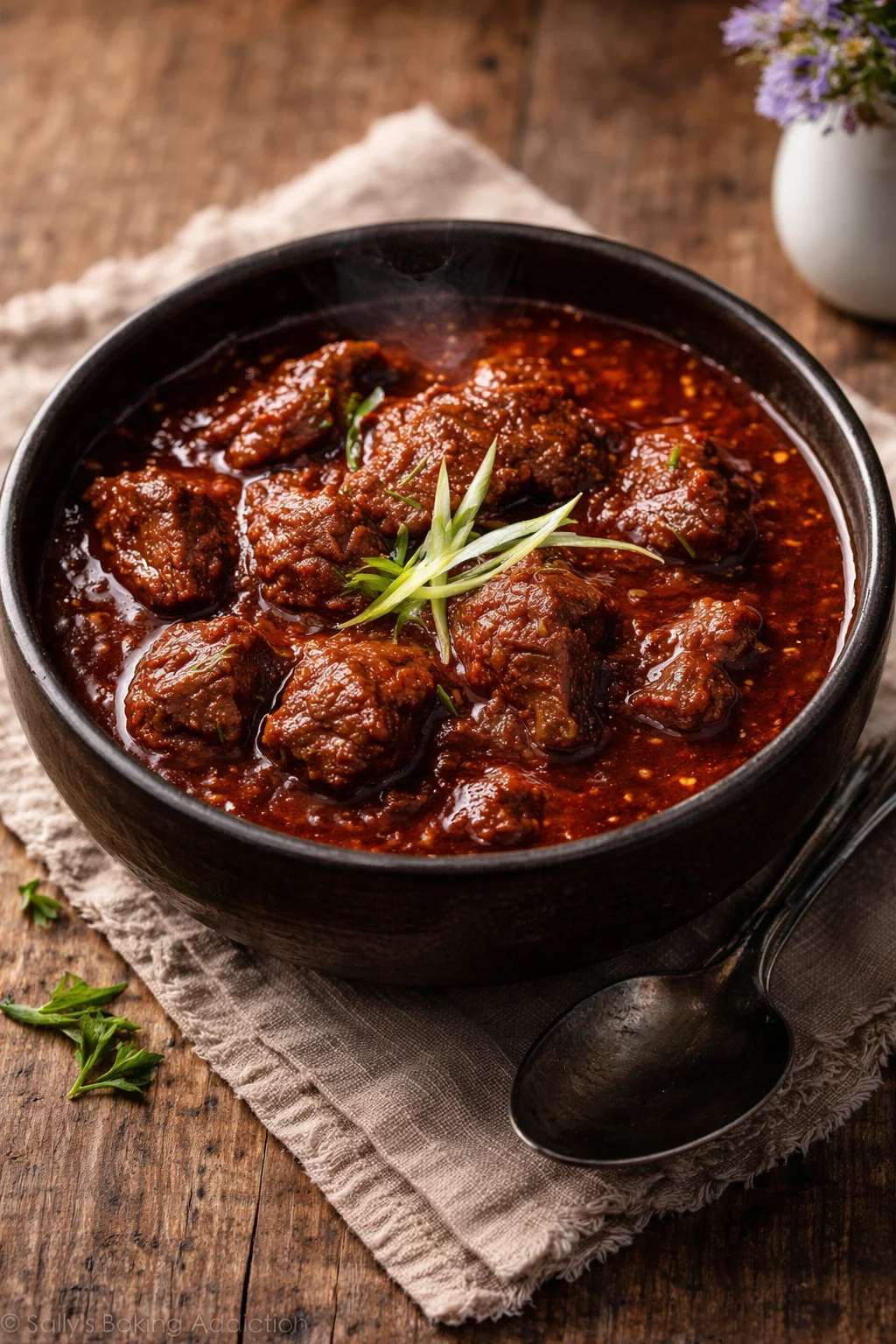 A bowl of ultimate Texas Red Chili topped with cheese and cilantro.