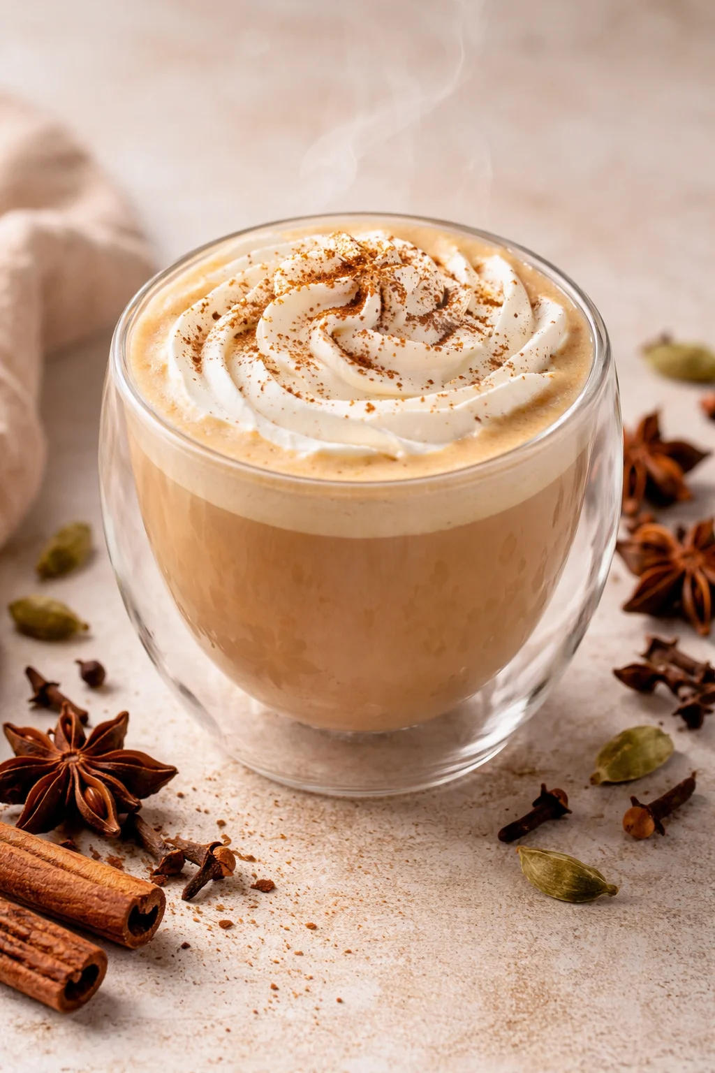 A delicious cup of vanilla chai latte topped with frothy milk and spices