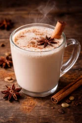 Creamy Vanilla Chai Tea Latte with spices and milk in a cozy cup.