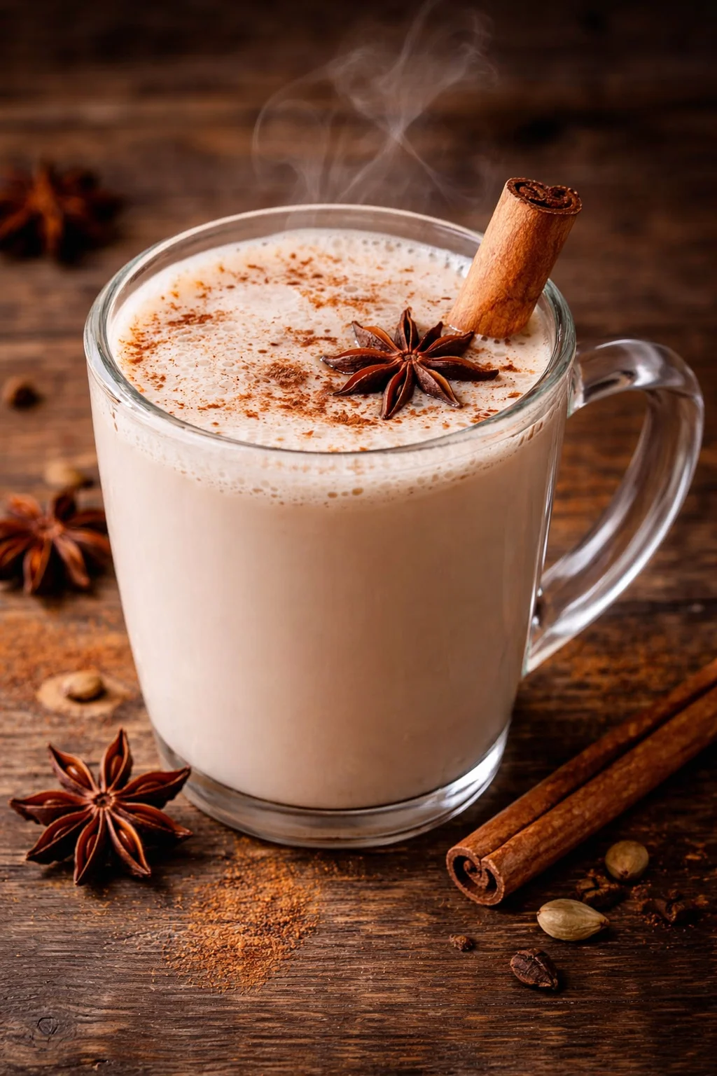 Creamy Vanilla Chai Tea Latte with spices and milk in a cozy cup.