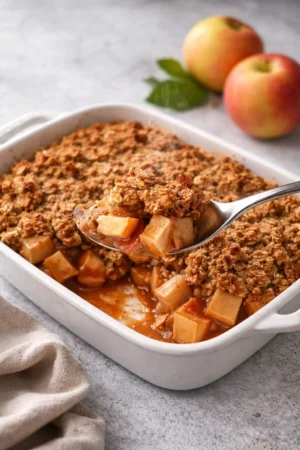 Delicious Vegan Apple Crisp with caramelized apples and crunchy oats