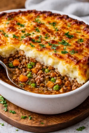 Delicious Vegan Cottage Pie with vegetables and a savory topping