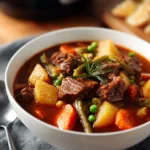 A bowl of hearty vegetable beef soup filled with fresh vegetables and tender beef.
