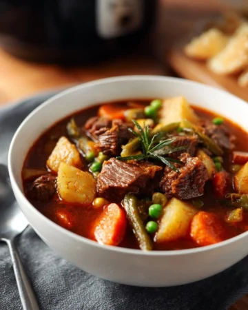 A bowl of hearty vegetable beef soup filled with fresh vegetables and tender beef.